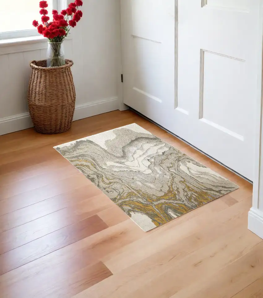 Gold Ivory And Gray Abstract Stain Resistant Area Rug Photo 1