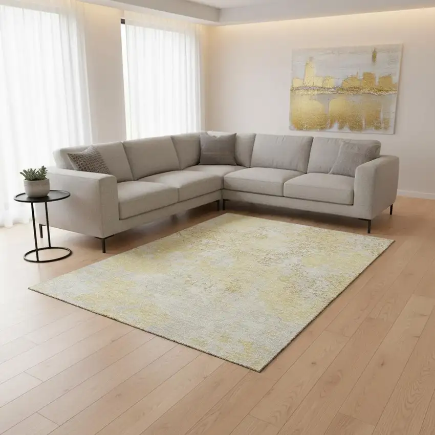 Gold Ivory And Gray Abstract Washable Area Rug With UV Protection Photo 2