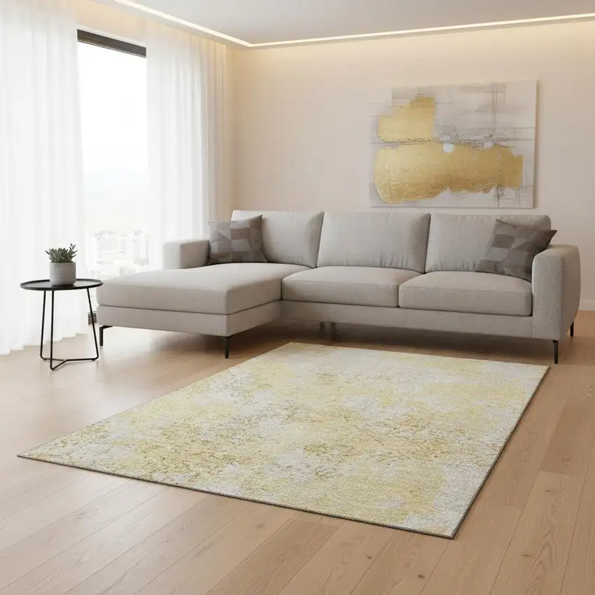 Gold Ivory And Gray Abstract Washable Area Rug With UV Protection Photo 2