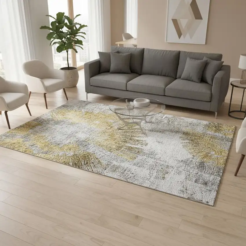 Gold Ivory And Gray Abstract Washable Area Rug With UV Protection Photo 2