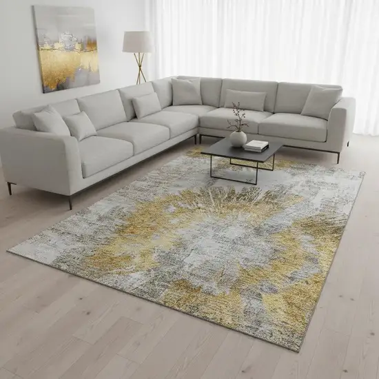 Gold Ivory And Gray Abstract Washable Area Rug With UV Protection Photo 2