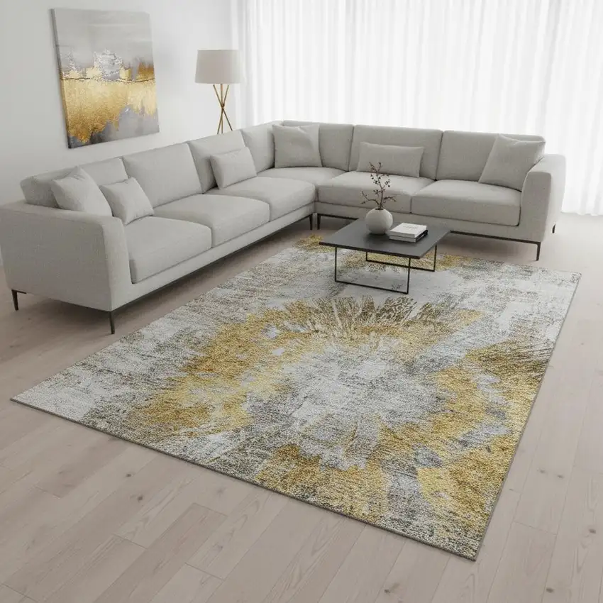 Gold Ivory And Gray Abstract Washable Area Rug With UV Protection Photo 2