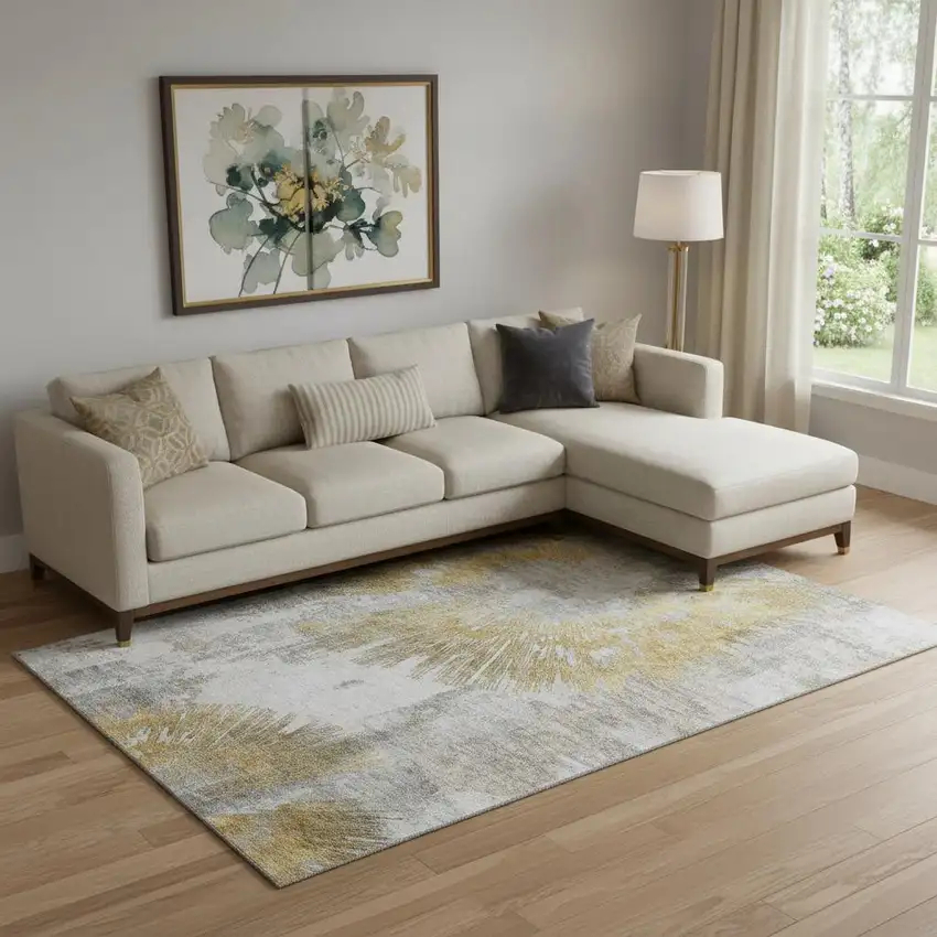 Gold Ivory And Gray Abstract Washable Area Rug With UV Protection Photo 1