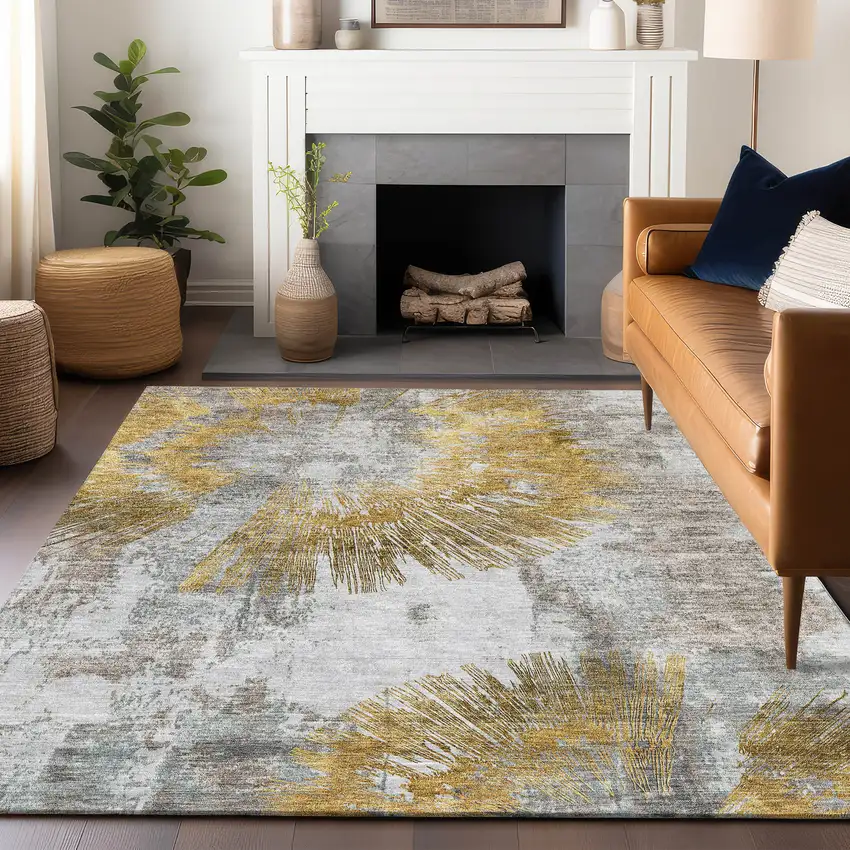 Gold Ivory And Gray Abstract Washable Area Rug With UV Protection Photo 6