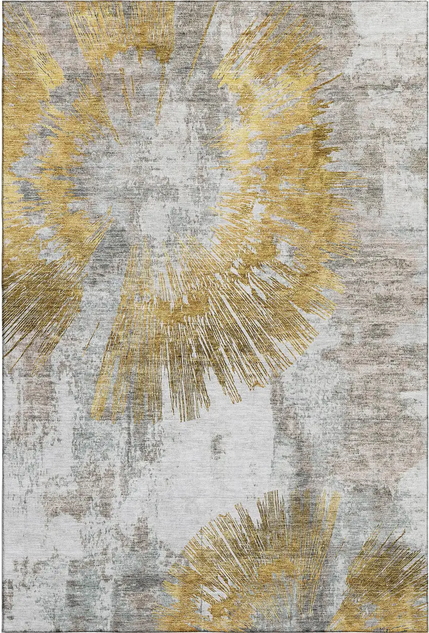 Gold Ivory And Gray Abstract Washable Area Rug With UV Protection Photo 1