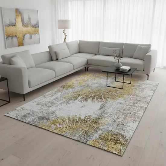 Gold Ivory And Gray Abstract Washable Area Rug With UV Protection Photo 2