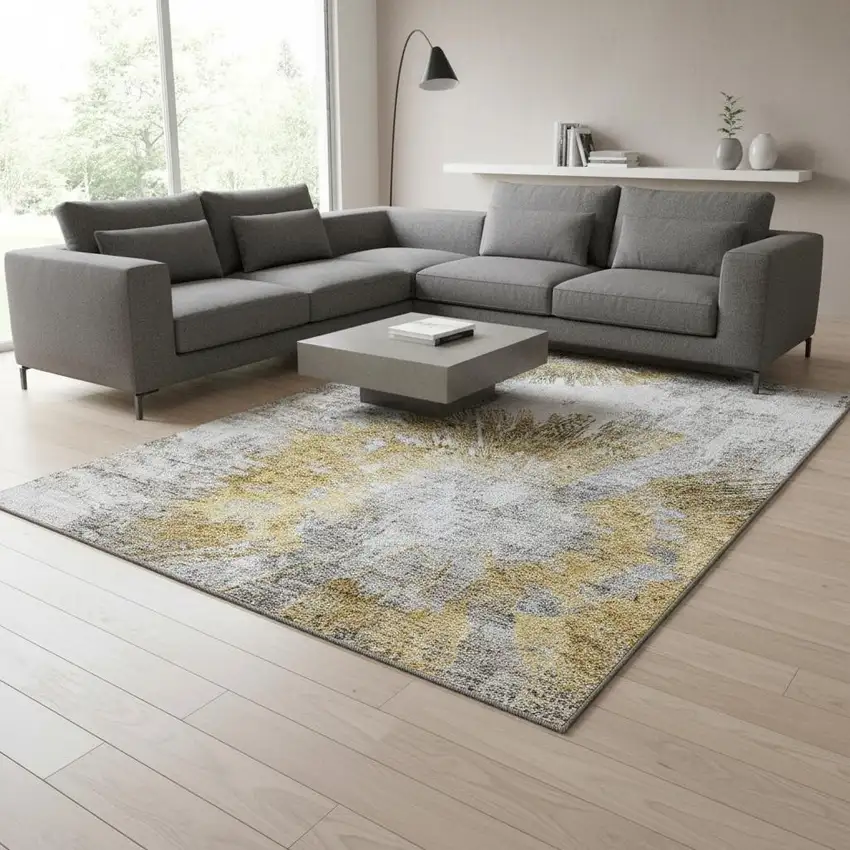 Gold Ivory And Gray Abstract Washable Area Rug With UV Protection Photo 2