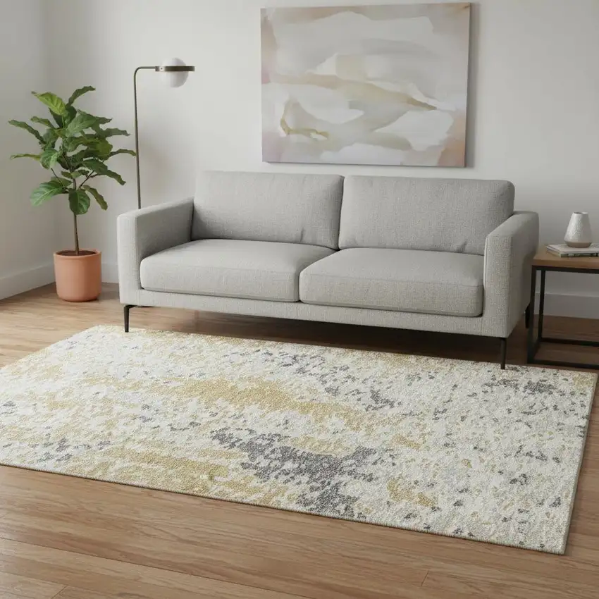 Gold Ivory And Gray Abstract Washable Area Rug With UV Protection Photo 2