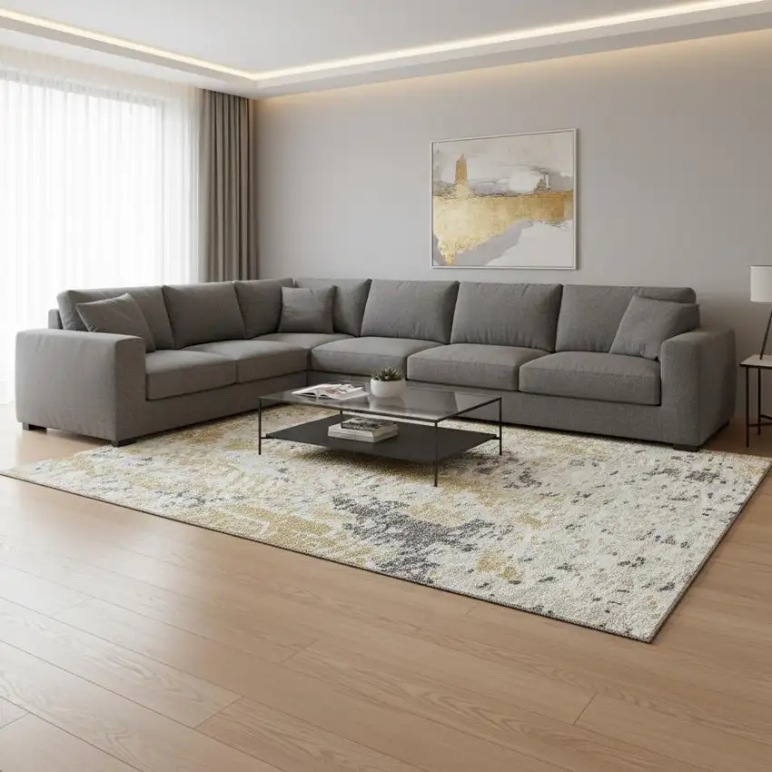 Gold Ivory And Gray Abstract Washable Area Rug With UV Protection Photo 2