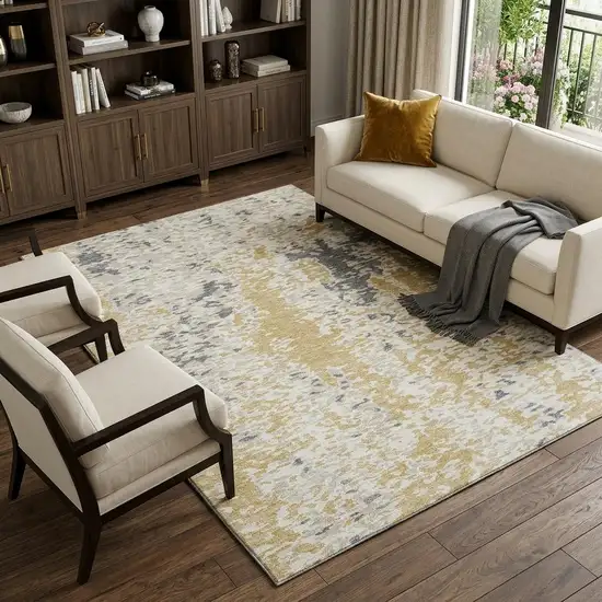 Gold Ivory And Gray Abstract Washable Area Rug With UV Protection Photo 1