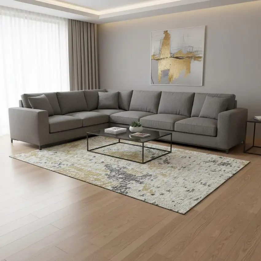 Gold Ivory And Gray Abstract Washable Area Rug With UV Protection Photo 2