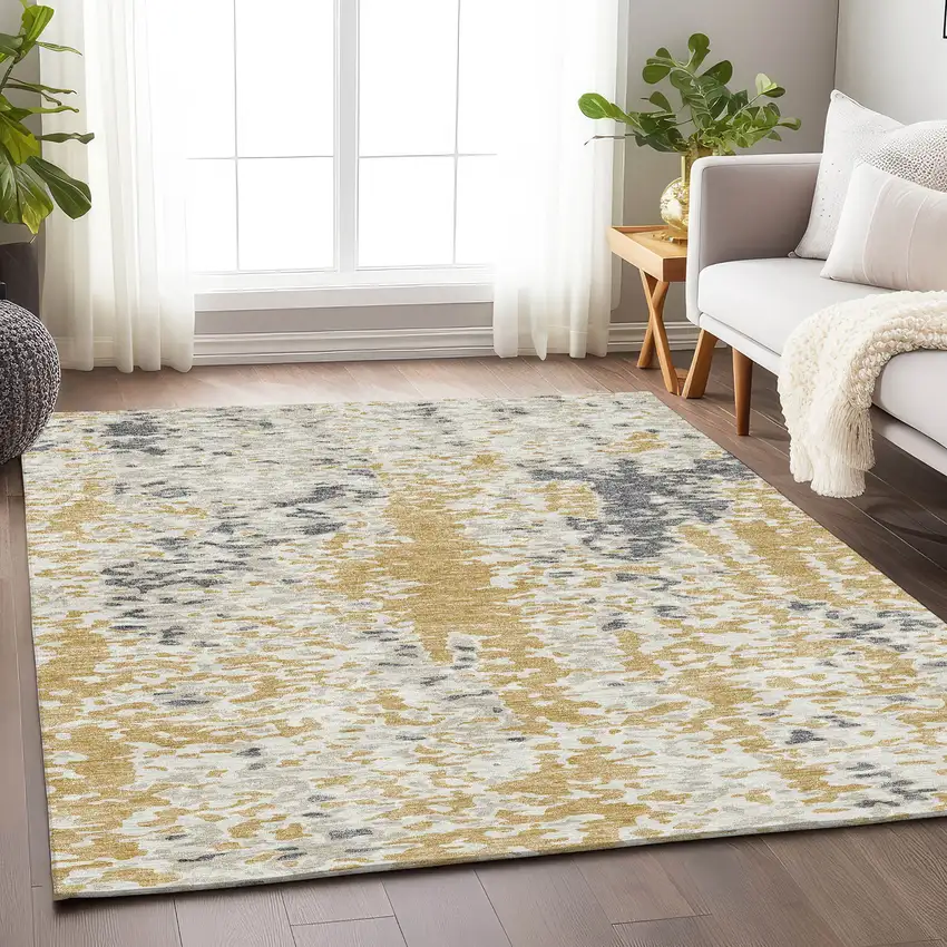 Gold Ivory And Gray Abstract Washable Area Rug With UV Protection Photo 4