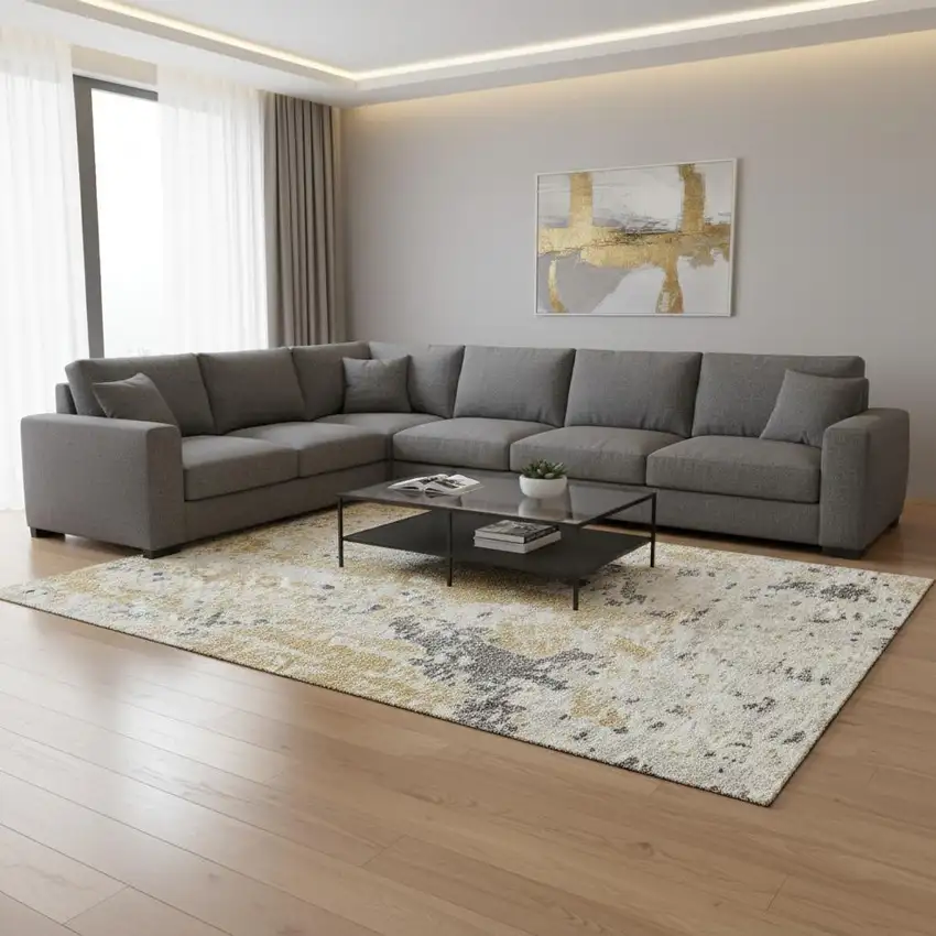 Gold Ivory And Gray Abstract Washable Area Rug With UV Protection Photo 2