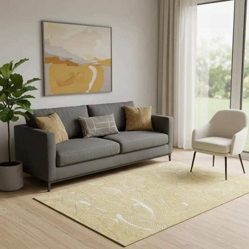 Gold Ivory And Gray Abstract Washable Area Rug With UV Protection Photo 2