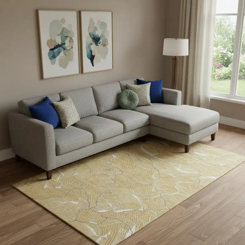 Gold Ivory And Gray Abstract Washable Area Rug With UV Protection Photo 2