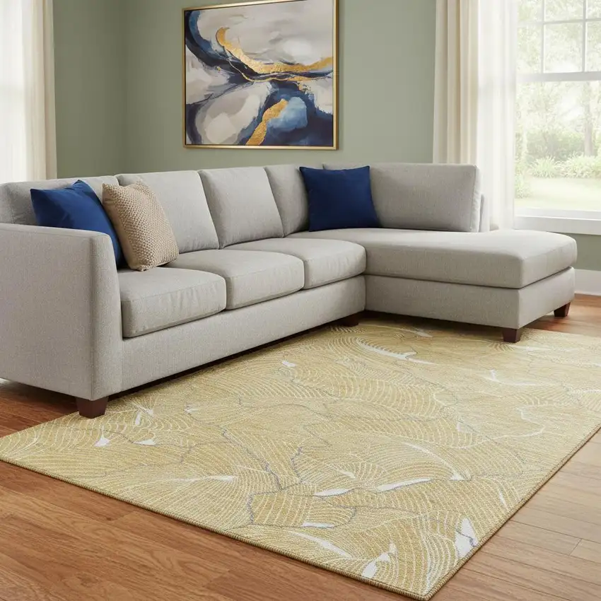 Gold Ivory And Gray Abstract Washable Area Rug With UV Protection Photo 2