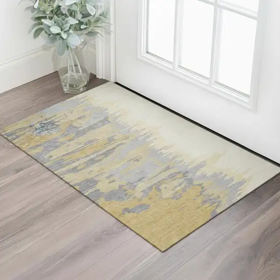 Gold Ivory And Gray Abstract Washable Area Rug With UV Protection Photo 2