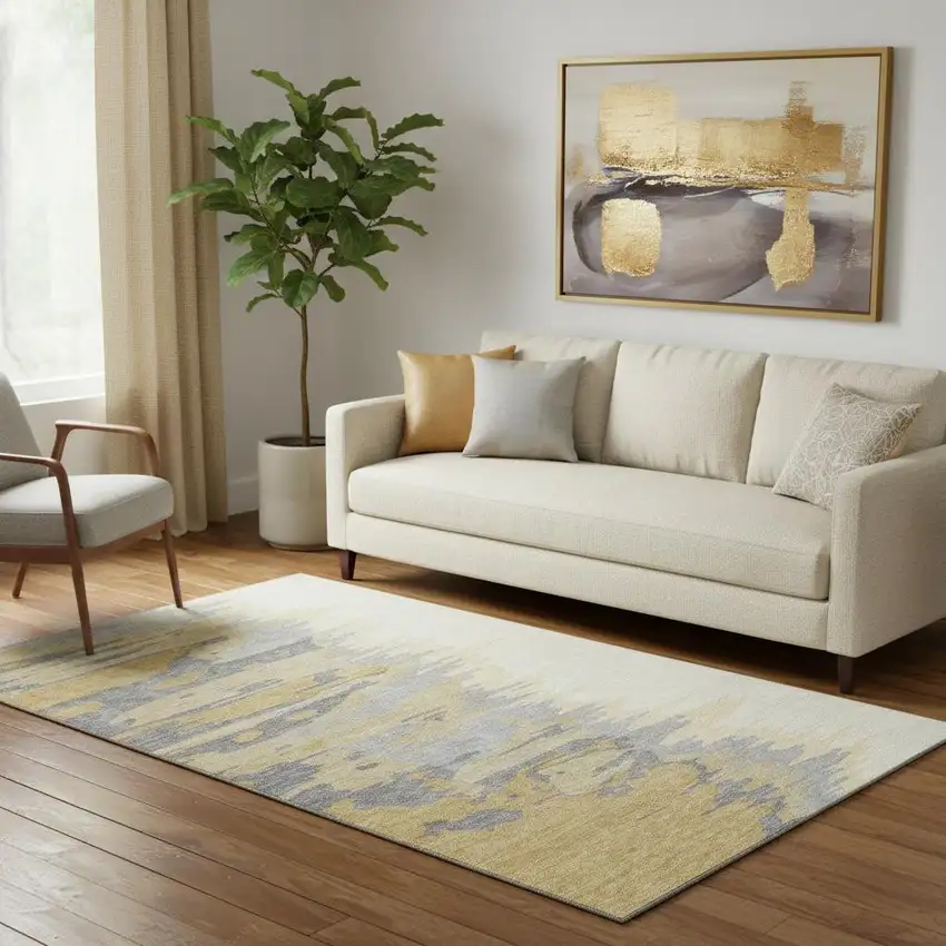 Gold Ivory And Gray Abstract Washable Area Rug With UV Protection Photo 2