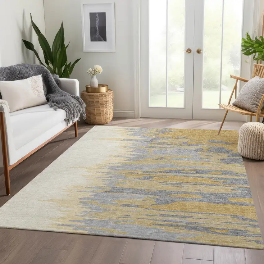 Gold Ivory And Gray Abstract Washable Area Rug With UV Protection Photo 5