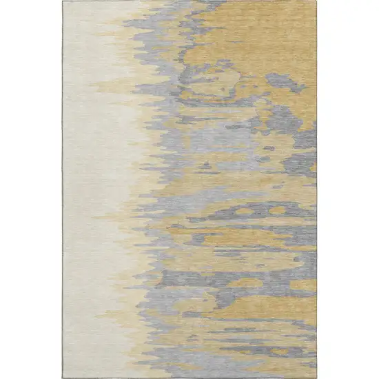 Gold Ivory And Gray Abstract Washable Area Rug With UV Protection Photo 1
