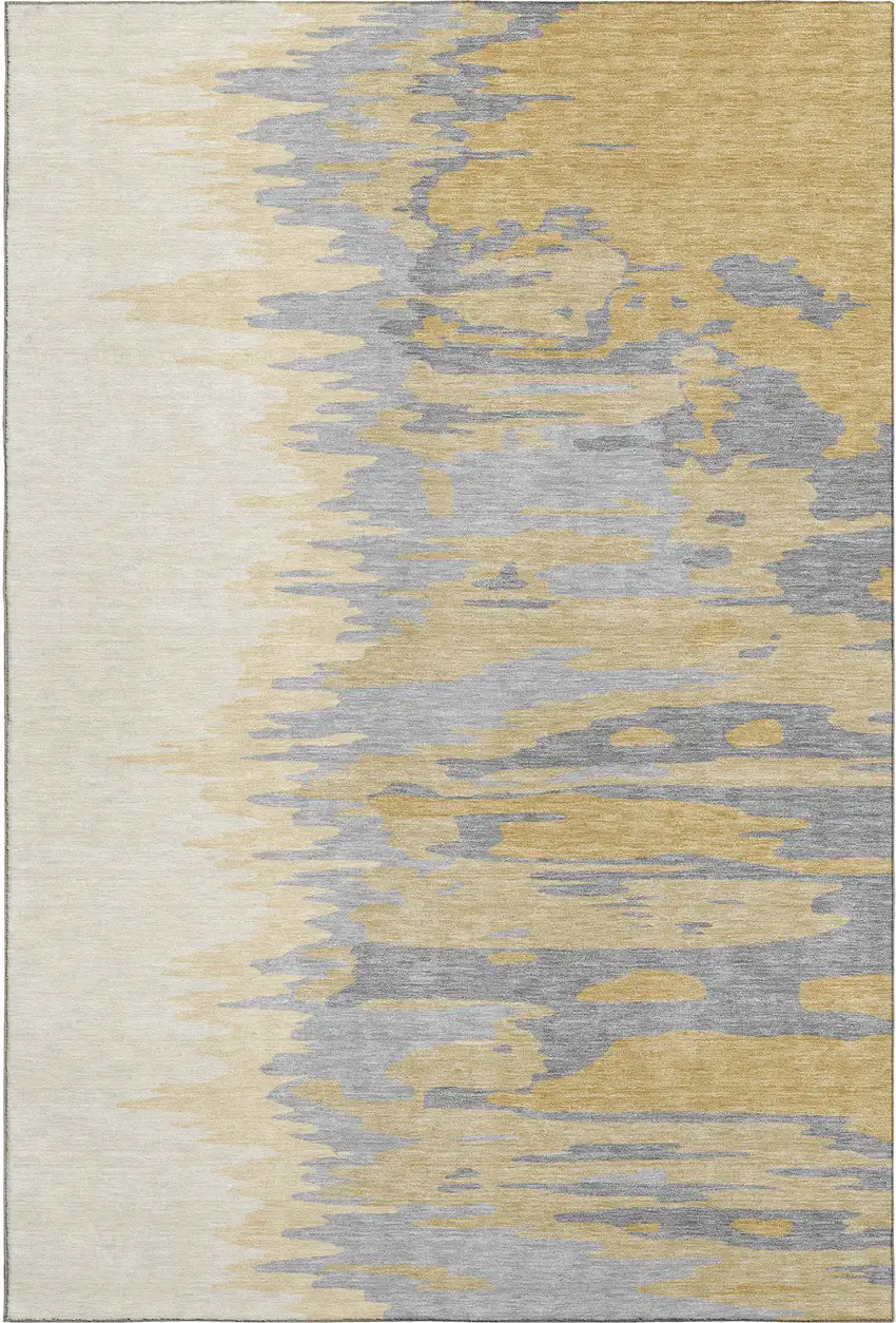 Gold Ivory And Gray Abstract Washable Area Rug With UV Protection Photo 1