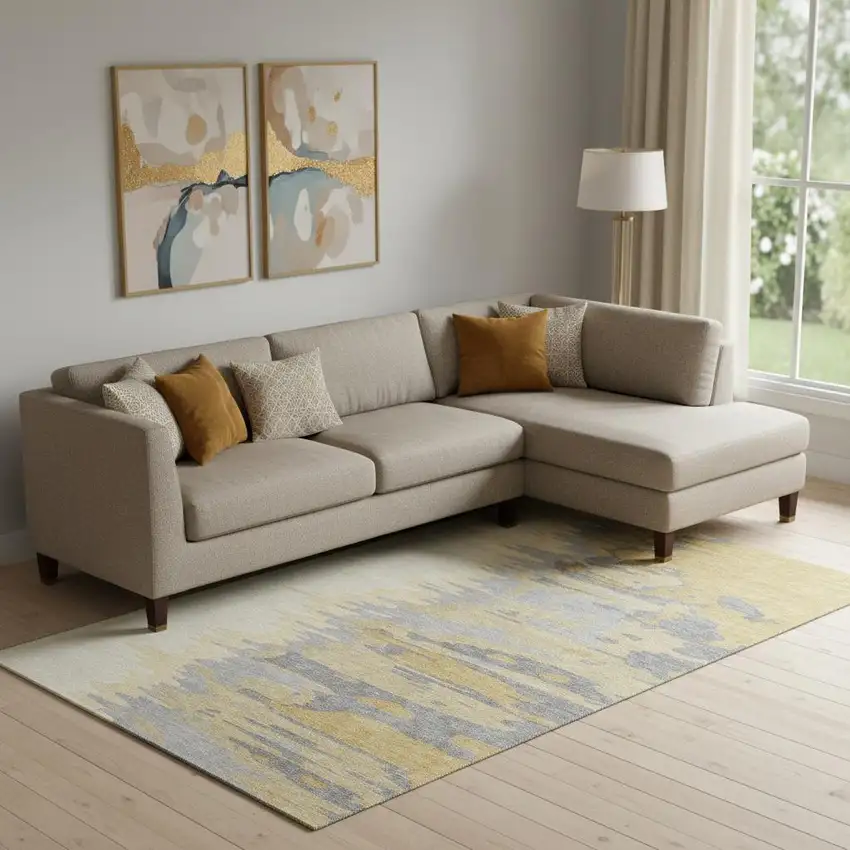 Gold Ivory And Gray Abstract Washable Area Rug With UV Protection Photo 2