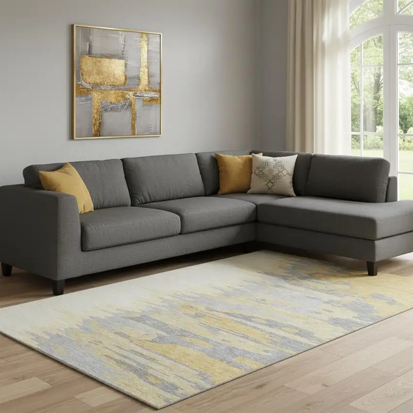 Gold Ivory And Gray Abstract Washable Area Rug With UV Protection Photo 2