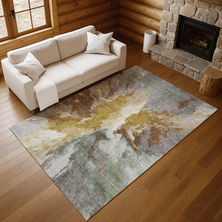 Gold Ivory And Gray Abstract Washable Area Rug With UV Protection Photo 1