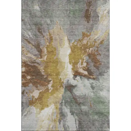 Gold Ivory And Gray Abstract Washable Area Rug With UV Protection Photo 3