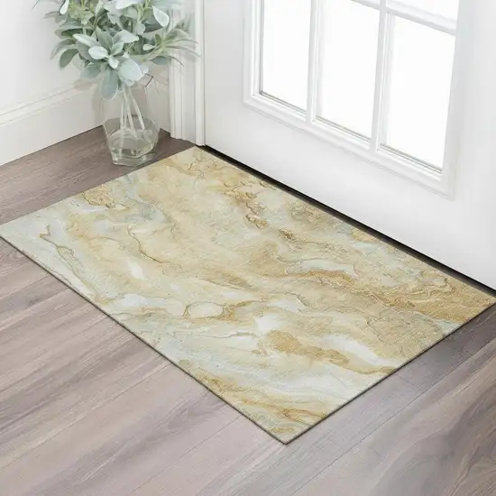 Gold Ivory And Gray Abstract Washable Area Rug With UV Protection Photo 2