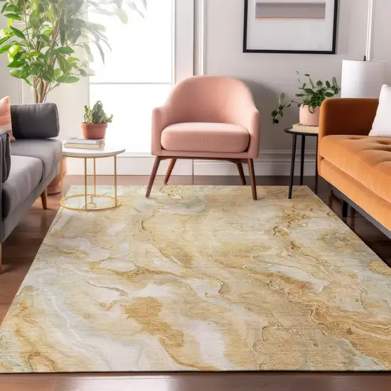 Gold Ivory And Gray Abstract Washable Area Rug With UV Protection Photo 5