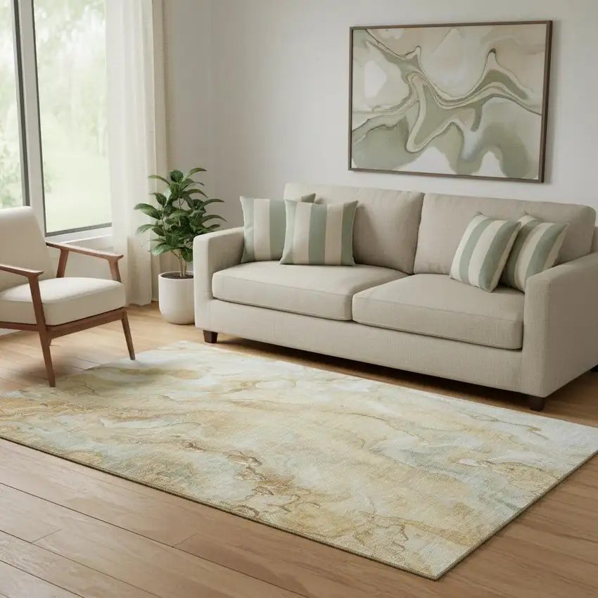 Gold Ivory And Gray Abstract Washable Area Rug With UV Protection Photo 2