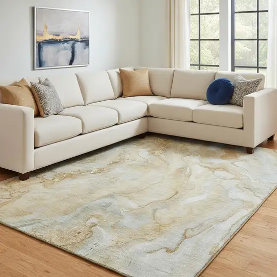 Gold Ivory And Gray Abstract Washable Area Rug With UV Protection Photo 2
