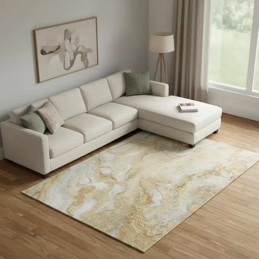 Gold Ivory And Gray Abstract Washable Area Rug With UV Protection Photo 2