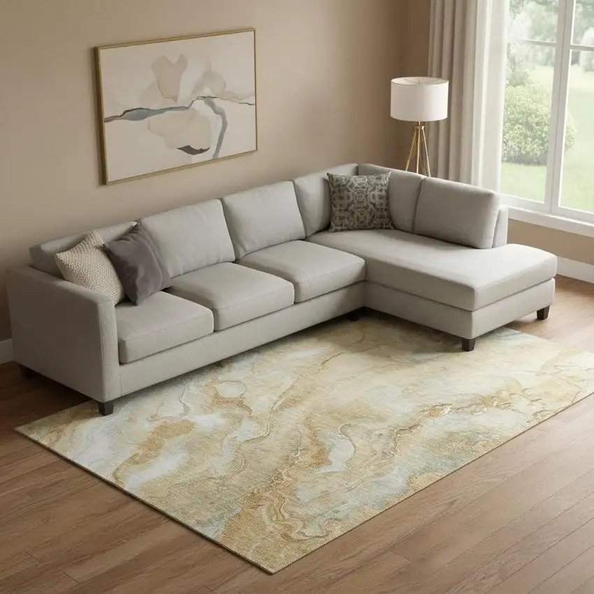 Gold Ivory And Gray Abstract Washable Area Rug With UV Protection Photo 2