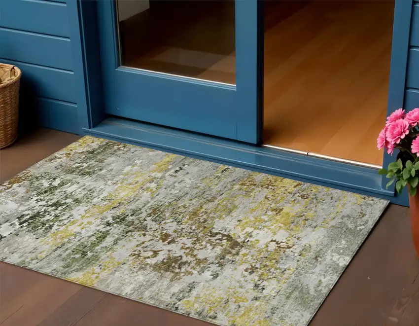 Gold Ivory And Gray Abstract Washable Indoor Outdoor Area Rug Photo 2