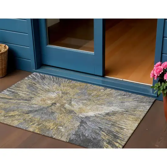 Gold Ivory And Gray Abstract Washable Indoor Outdoor Area Rug Photo 1