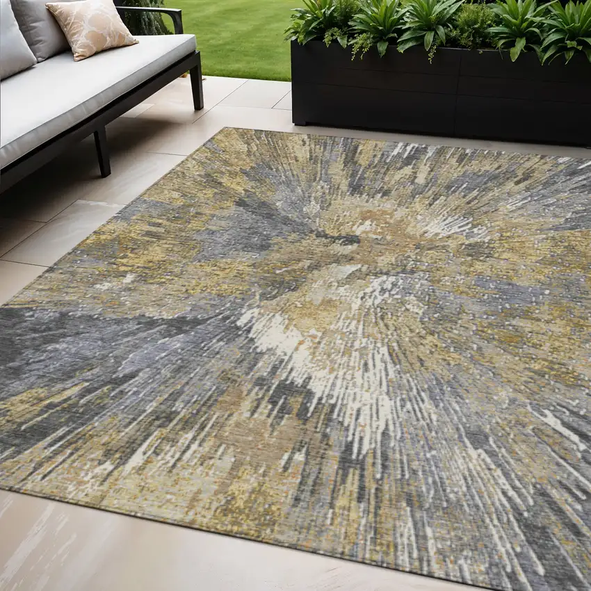 Gold Ivory And Gray Abstract Washable Indoor Outdoor Area Rug Photo 1