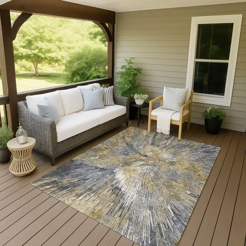 Gold Ivory And Gray Abstract Washable Indoor Outdoor Area Rug Photo 8