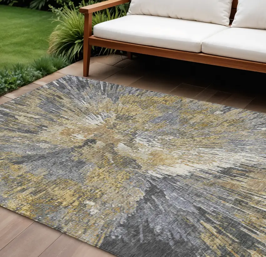 Gold Ivory And Gray Abstract Washable Indoor Outdoor Area Rug Photo 1