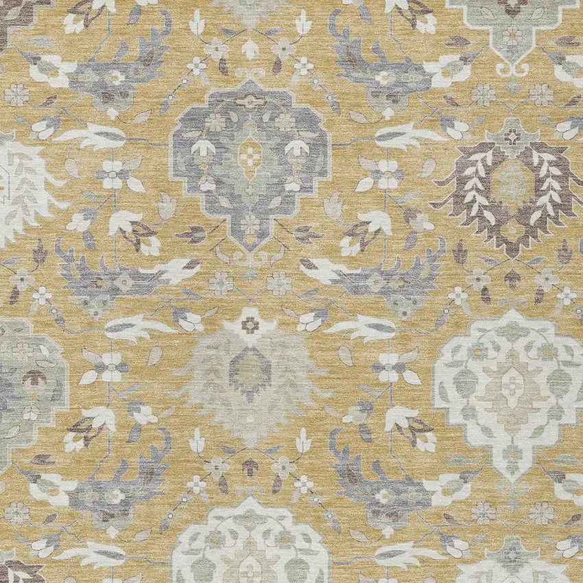 Gold Ivory And Gray Damask Washable Indoor Outdoor Area Rug Photo 7