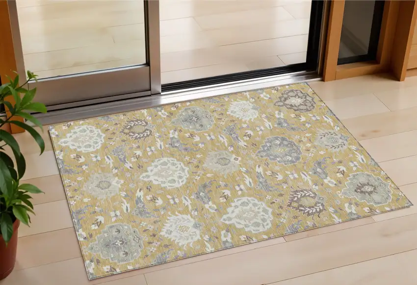 Gold Ivory And Gray Damask Washable Indoor Outdoor Area Rug Photo 1