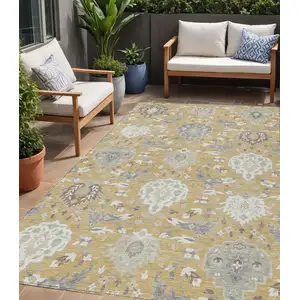 Photo of Gold Ivory And Gray Damask Washable Indoor Outdoor Area Rug