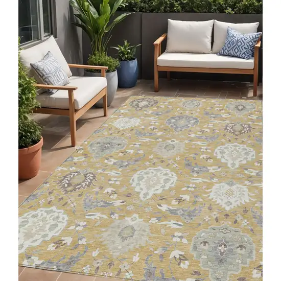 Gold Ivory And Gray Damask Washable Indoor Outdoor Area Rug Photo 1