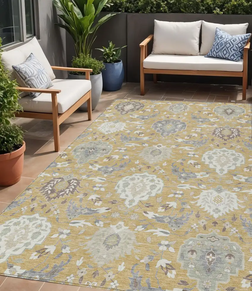 Gold Ivory And Gray Damask Washable Indoor Outdoor Area Rug Photo 1