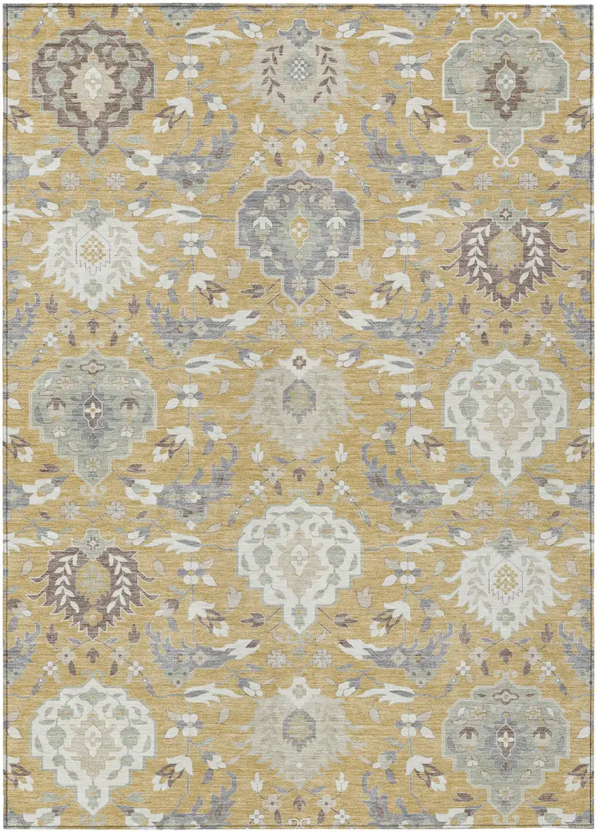 Gold Ivory And Gray Damask Washable Indoor Outdoor Area Rug Photo 2