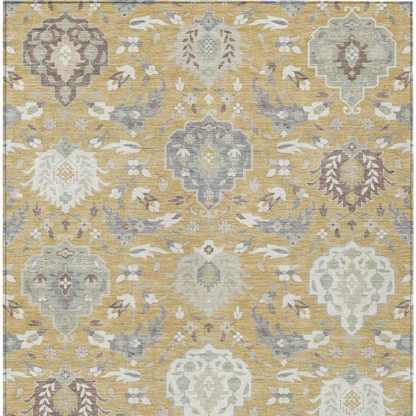 Gold Ivory And Gray Damask Washable Indoor Outdoor Area Rug Photo 8