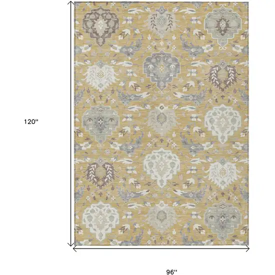 Gold Ivory And Gray Damask Washable Indoor Outdoor Area Rug Photo 3
