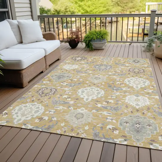 Gold Ivory And Gray Damask Washable Indoor Outdoor Area Rug Photo 9