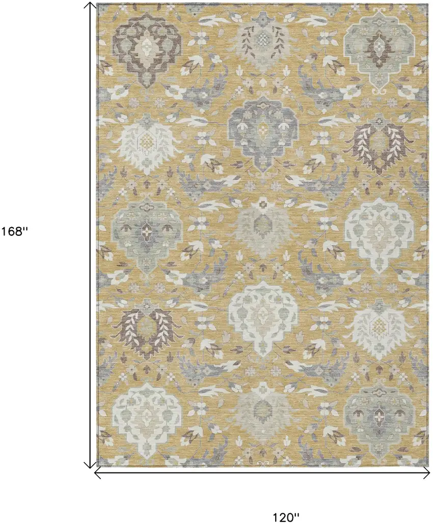 Gold Ivory And Gray Damask Washable Indoor Outdoor Area Rug Photo 3